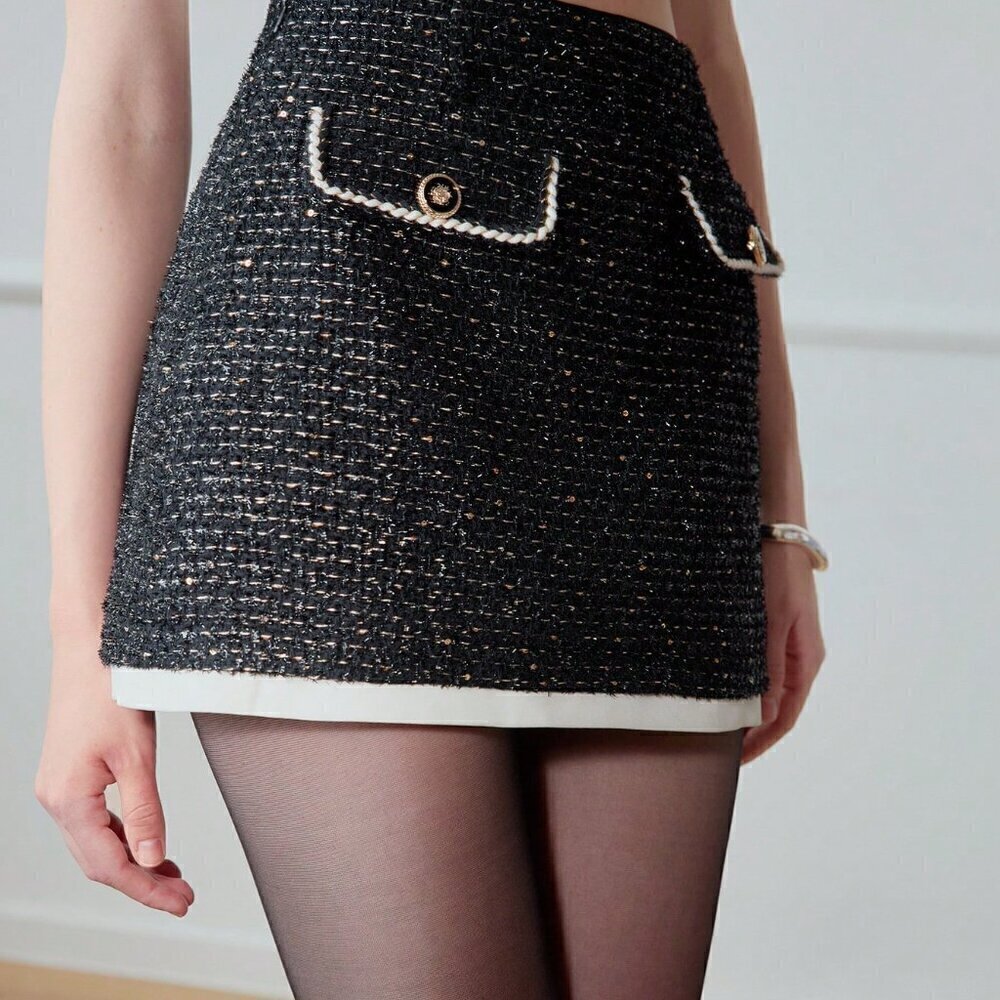Black Elegant Women's Contrast Binding Flap Detail Skirt - Picture 8 of 8
